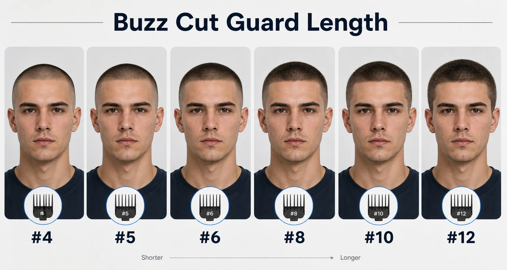 Buzz cut guard length chart from number 4 to number 12 for AI haircut preview