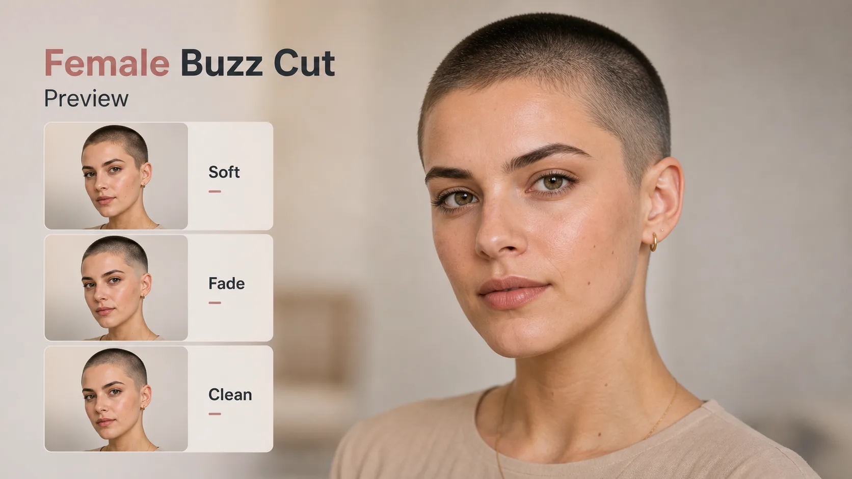 Female AI buzz cut preview with soft buzz cut and natural hairline