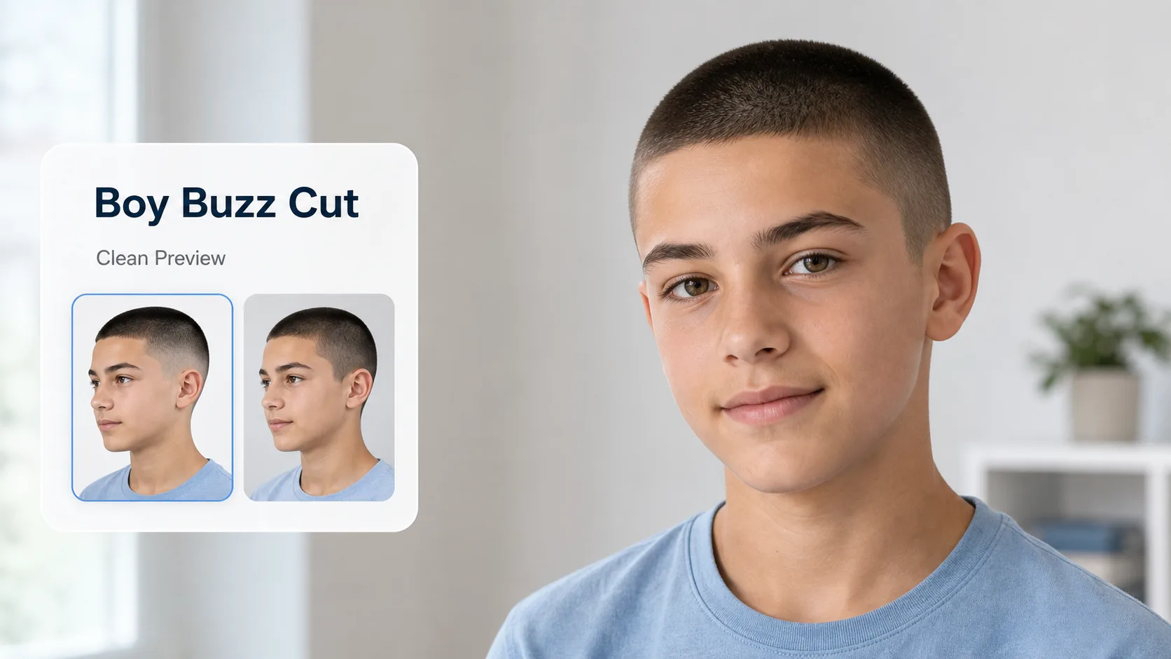 Boy buzz cut preview with clean natural haircut and safe family-friendly styling