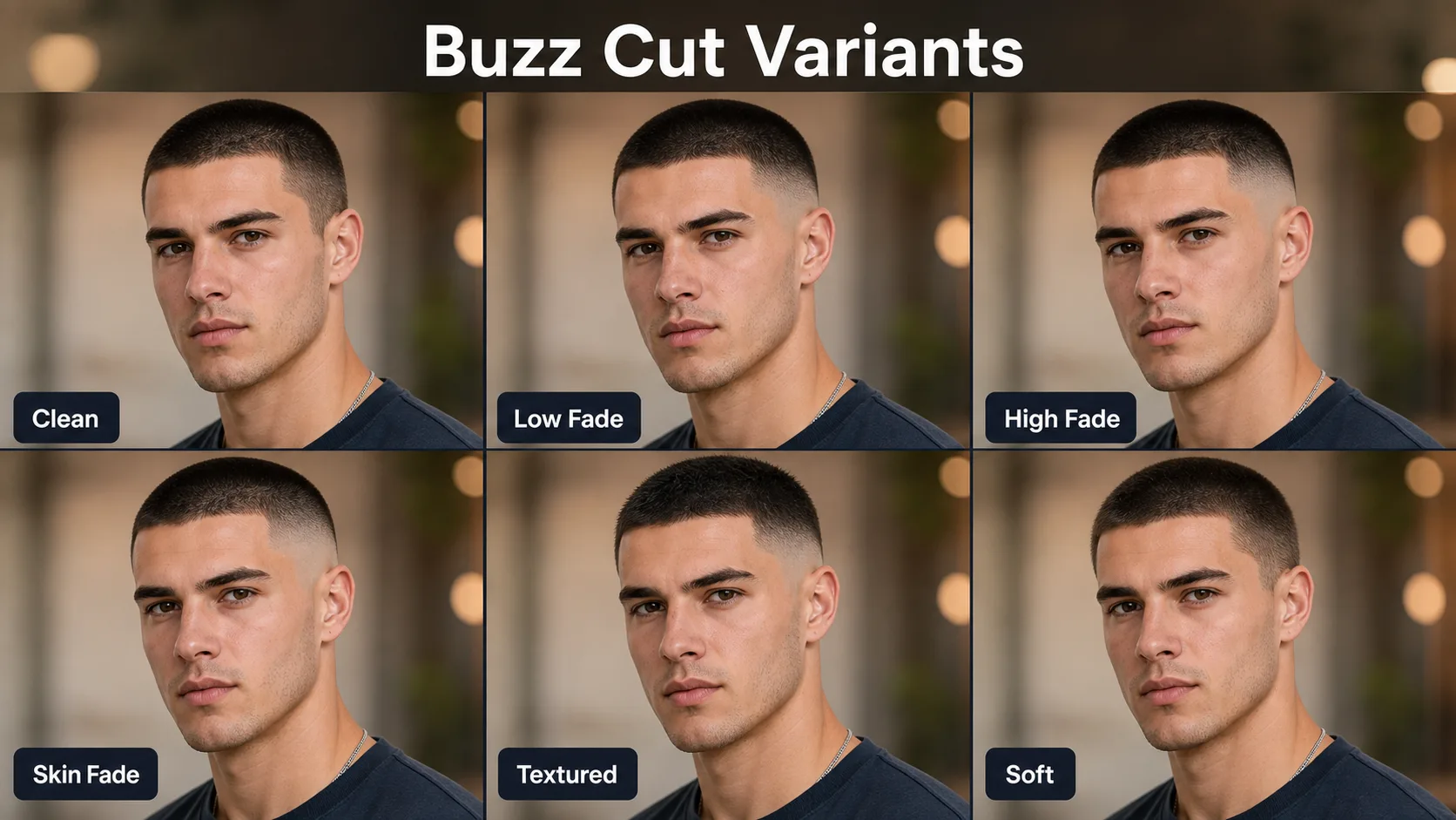 Buzz cut variants collage with clean fade and textured styles