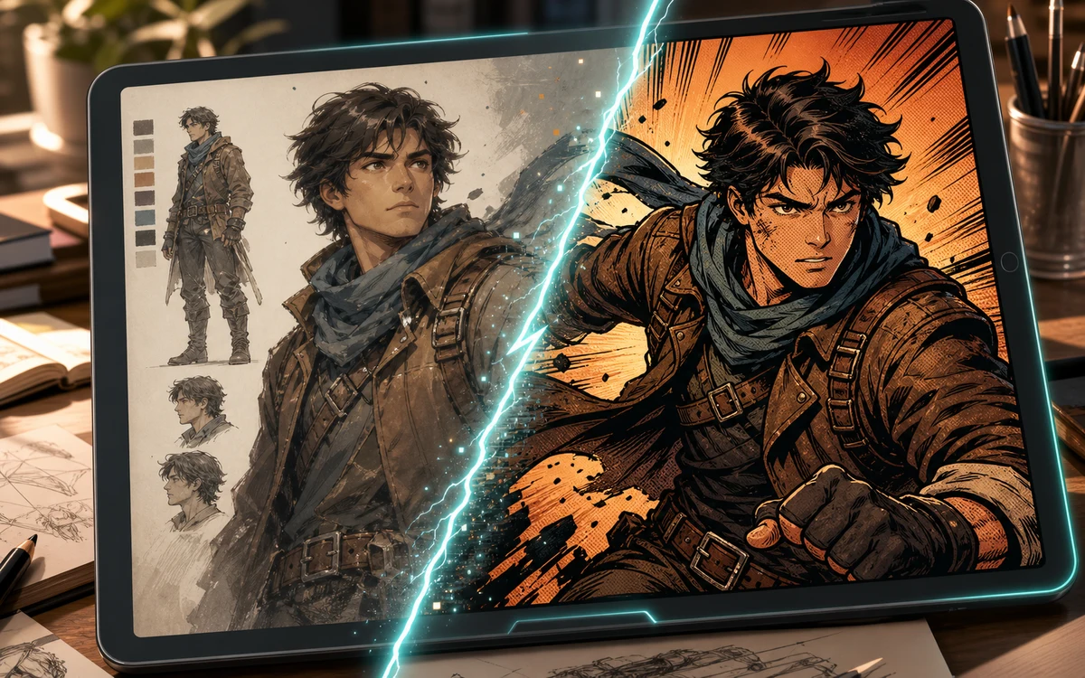 Character photo turned into comic style with the selfie to comic AI generator