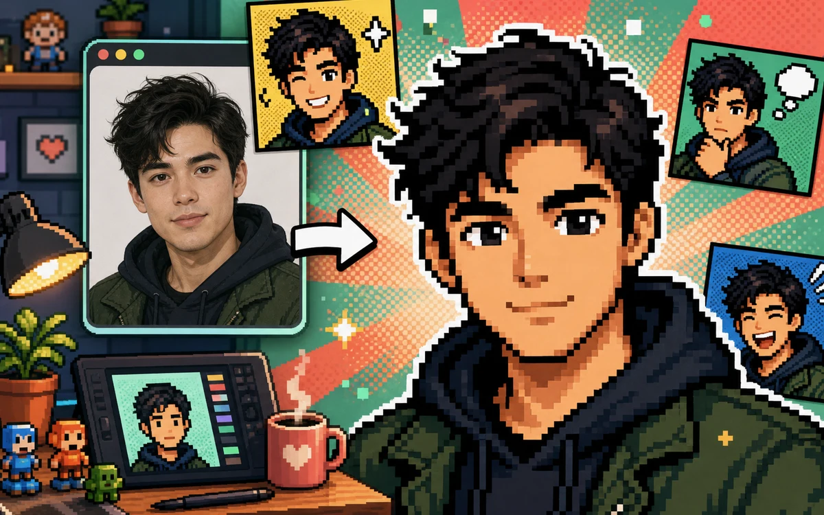 A pixel comic avatar generated from a portrait with the selfie to comic AI tool