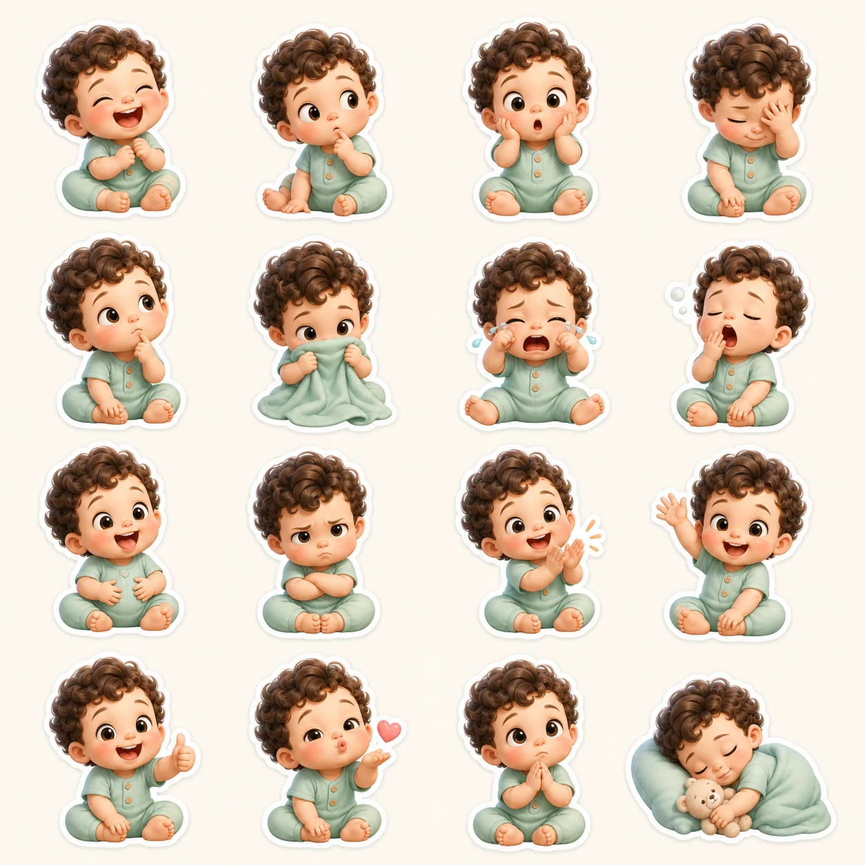 Original baby-inspired 16-reaction sticker sheet with a mint-romper character