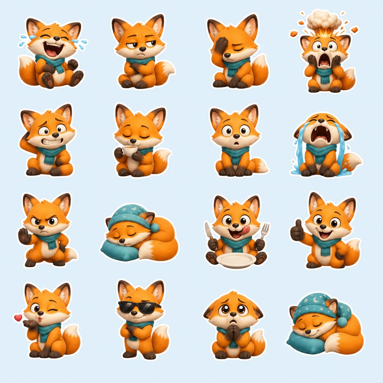 Original fox character 16-reaction sticker sheet with a teal scarf