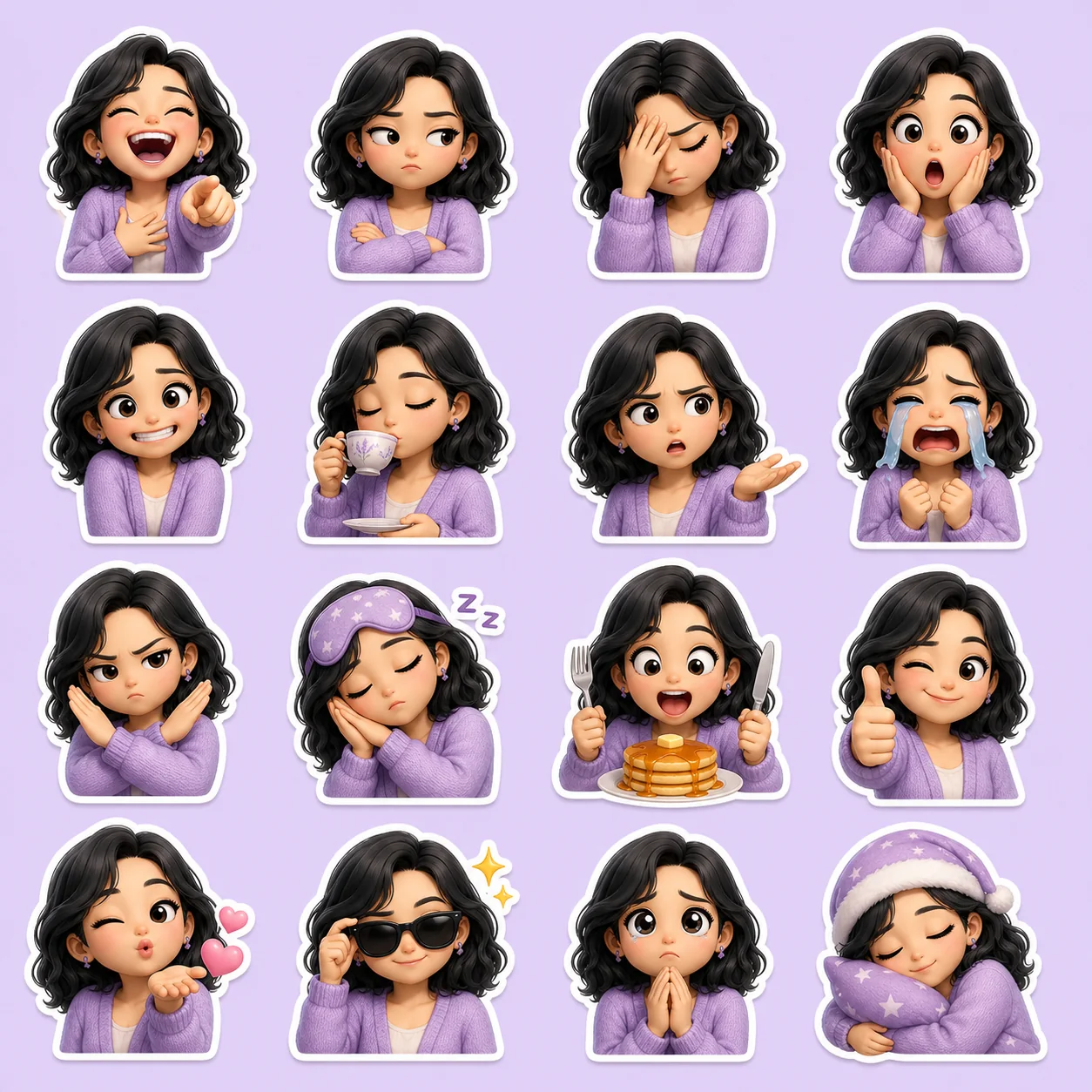 Original photo-inspired 16-reaction sticker sheet with a lavender-cardigan character