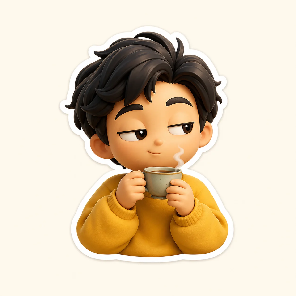 Original chibi chat sticker sipping tea with a knowing side glance